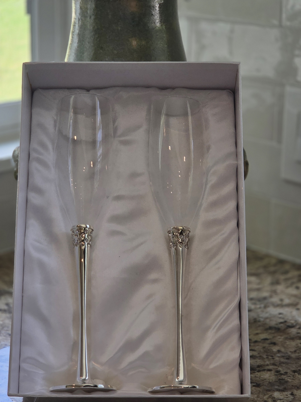 Champagne Flutes with Silver-Tone Stem and Rhinestone Detail